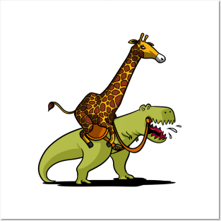 Giraffe Riding T-Rex Dinosaur Posters and Art